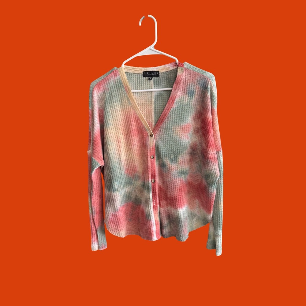 Trixxi Clothing Co Tie Dye‎ Waffle Knit Cardigan Sweater Pink Green Medium M